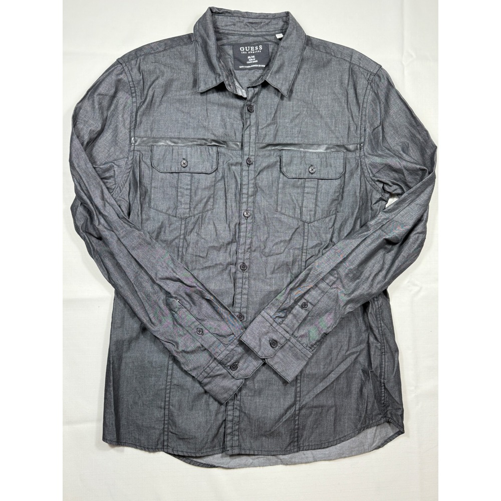 Y2K Guess Los Angeles Slim Fit Button Down Shirt Faux Leather Detail Sz‎ Medium